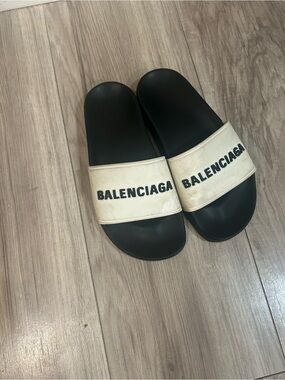 Balenciaga Black Slides with Cream Logo Strap